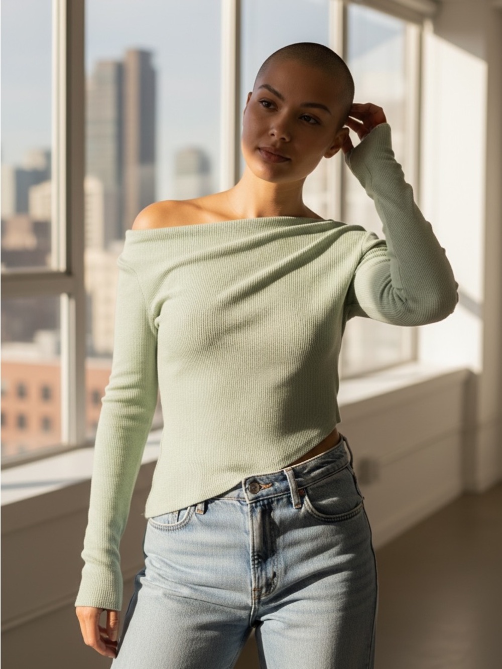 Free People We the Free Off-Shoulder waffle knit tee in Mint Green- S